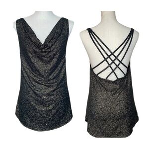 Chaser Glitter Jersey Draped Cowl Neck Halter Top Strappy Teal Green & Gold Sz M